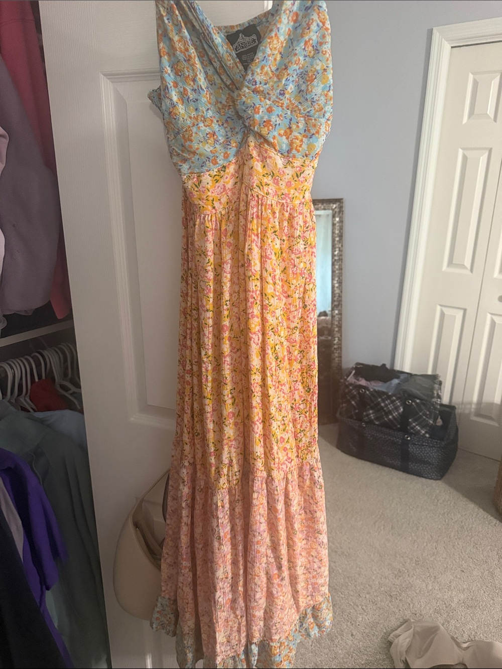 Angie Floral Twist-Front Maxi Dress in Blue & Yellow